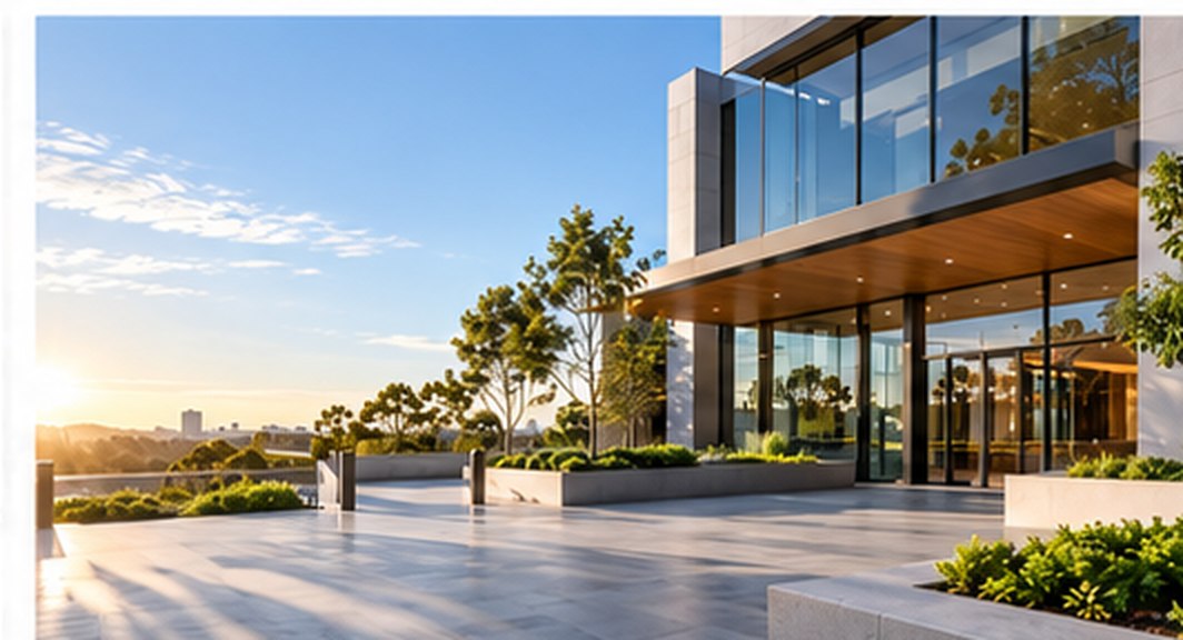 Modern commercial property and forecourt at sunset