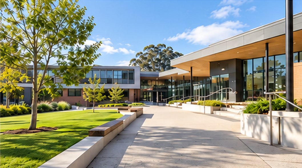 Contemporary landscaped commercial and education building