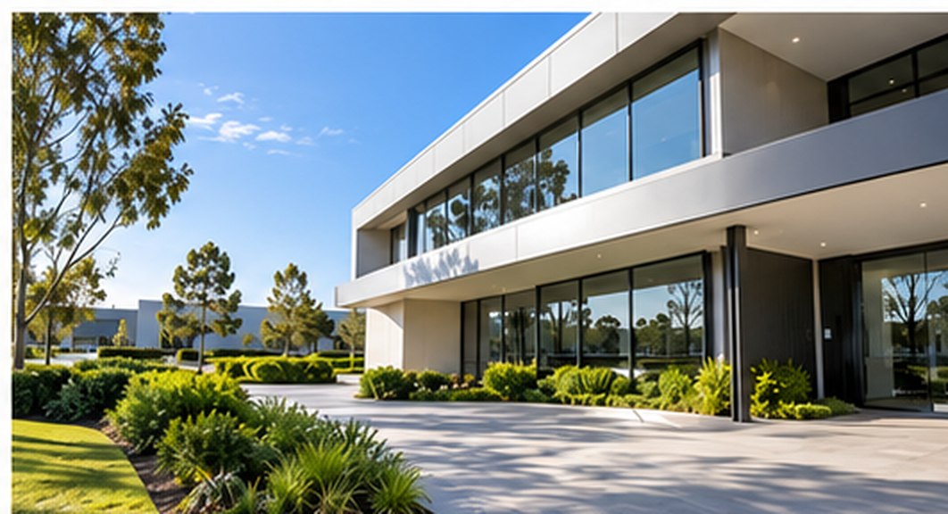 Modern commercial building with landscaped surrounds