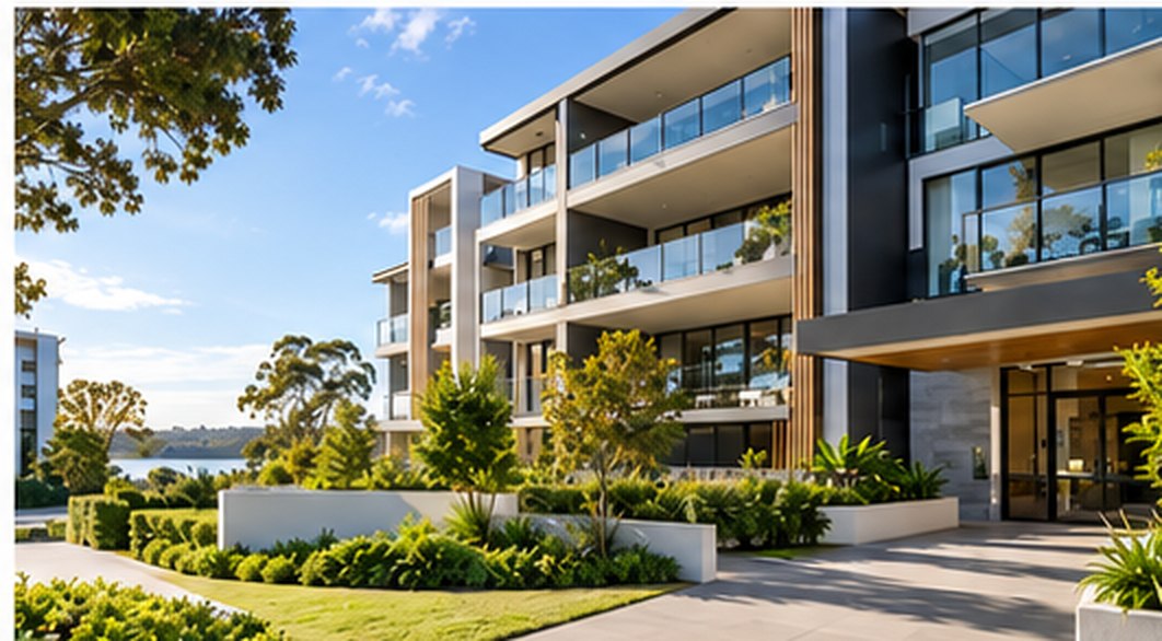 Multi-storey strata apartment building with landscaped grounds